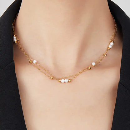 Stainless Steel Double-layer pearl laser ball stacking necklace and Bracelet / 25004022