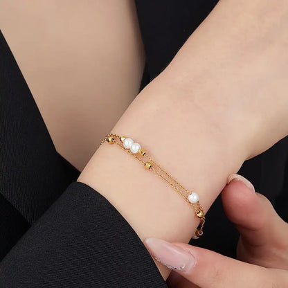 Stainless Steel Double-layer pearl laser ball stacking necklace and Bracelet / 25004022