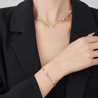 Stainless Steel Double-layer pearl laser ball stacking necklace and Bracelet / 25004022