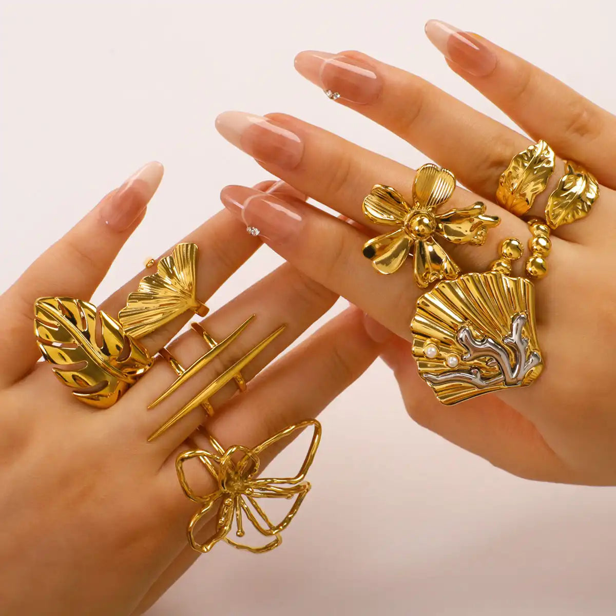 Stainless Steel Ocean-style with shell, flower, leaf and line hollow-out Rings  / 25204009