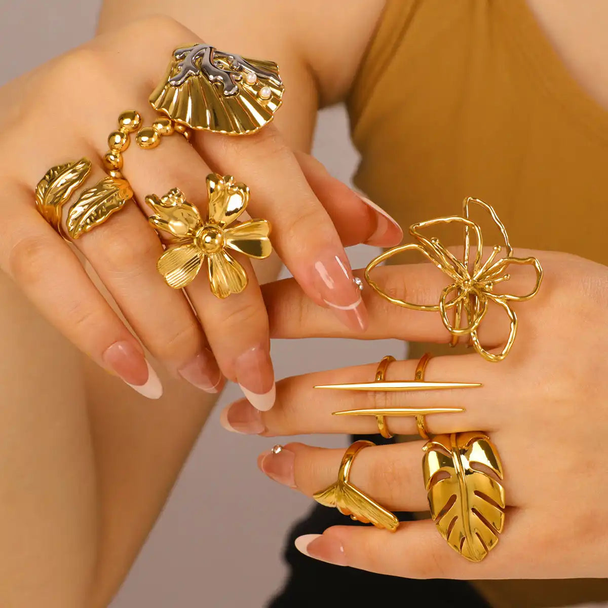 Stainless Steel Ocean-style with shell, flower, leaf and line hollow-out Rings  / 25204009