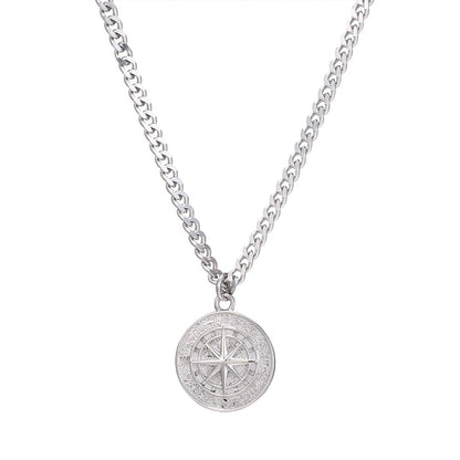 Stainless Steel Round Compass Pendant Necklace / KJ0253