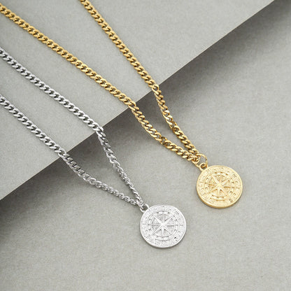 Stainless Steel Round Compass Pendant Necklace / KJ0253