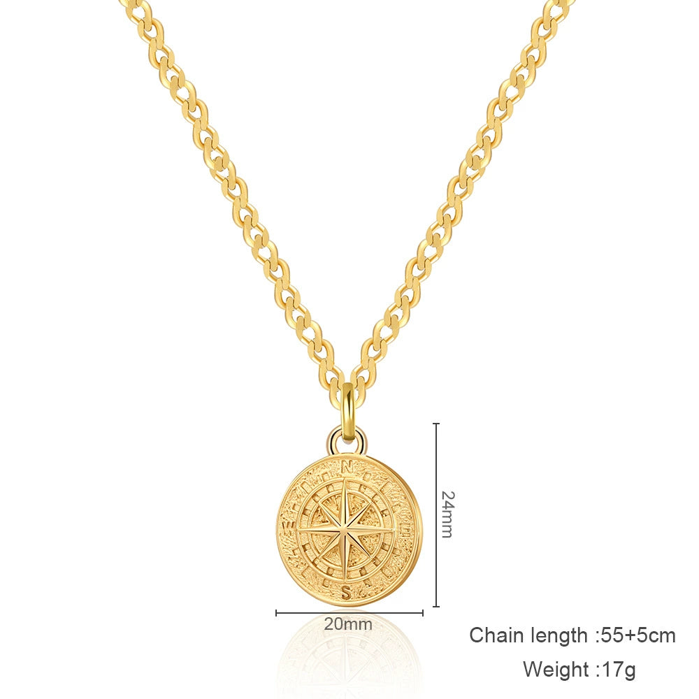 Stainless Steel Round Compass Pendant Necklace / KJ0253