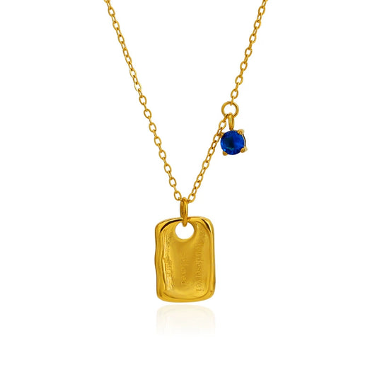 Stainless Steel Vintage Geometry Pendant Necklace With Blue Rhinestone Charm / KN1008