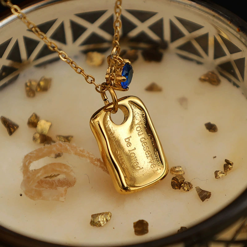 Stainless Steel Vintage Geometry Pendant Necklace With Blue Rhinestone Charm / KN1008