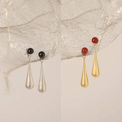Stainless Steel Vintage Matt Teardrop Natural red agate earrings / 25104004