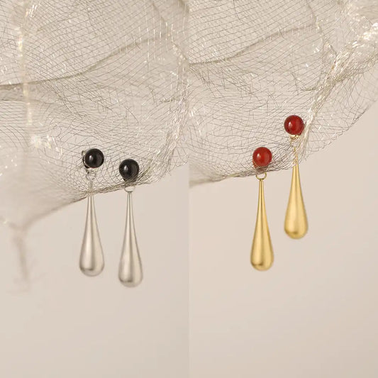 Stainless Steel Vintage Matt Teardrop Natural red agate earrings / 25104004