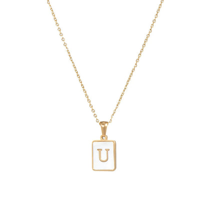 Stainless Steel Shell Inlay Square Letter Initial Pendant Necklace / KN1037