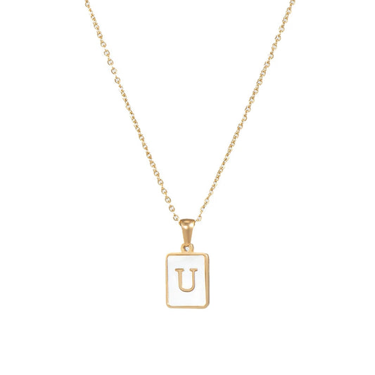 Stainless Steel Shell Inlay Square Letter Initial Pendant Necklace / KN1037
