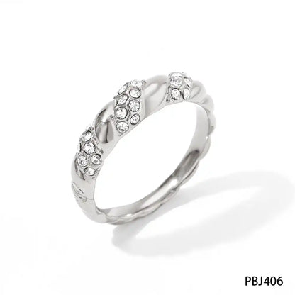 Stainless steel Gold PVD Vintage twisted thread Rhinestone inlay ring / 25204011