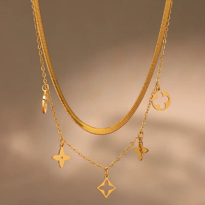Stainless steel blade chain double-layer four-petal flower necklace / 25004021