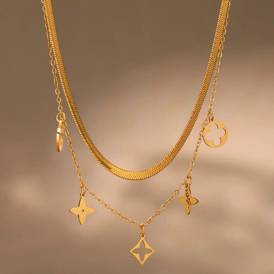 Stainless steel blade chain double-layer four-petal flower necklace / 25004021