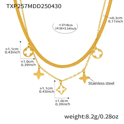 Stainless steel blade chain double-layer four-petal flower necklace / 25004021