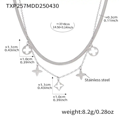 Stainless steel blade chain double-layer four-petal flower necklace / 25004021