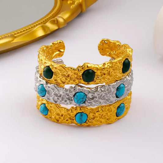Stainless steel Cuff bracelet with natural blue turquoise and green gemstones / 25303070
