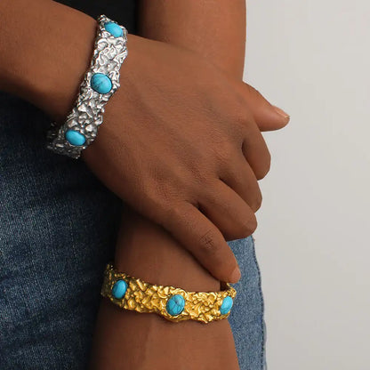 Stainless steel Cuff bracelet with natural blue turquoise and green gemstones / 25303070