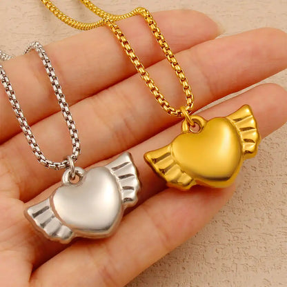 Stainless steel Vintage heart-shaped angel pendant necklace / 25003053