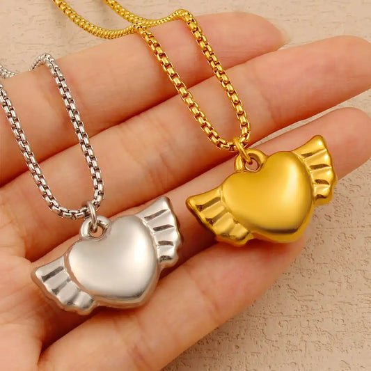 Stainless steel Vintage heart-shaped angel pendant necklace / 25003053