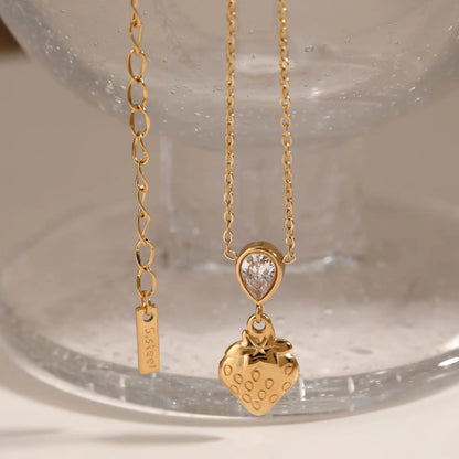 Stainless steel Zircon waterdrop strawberry heart pendant necklace / 25003056