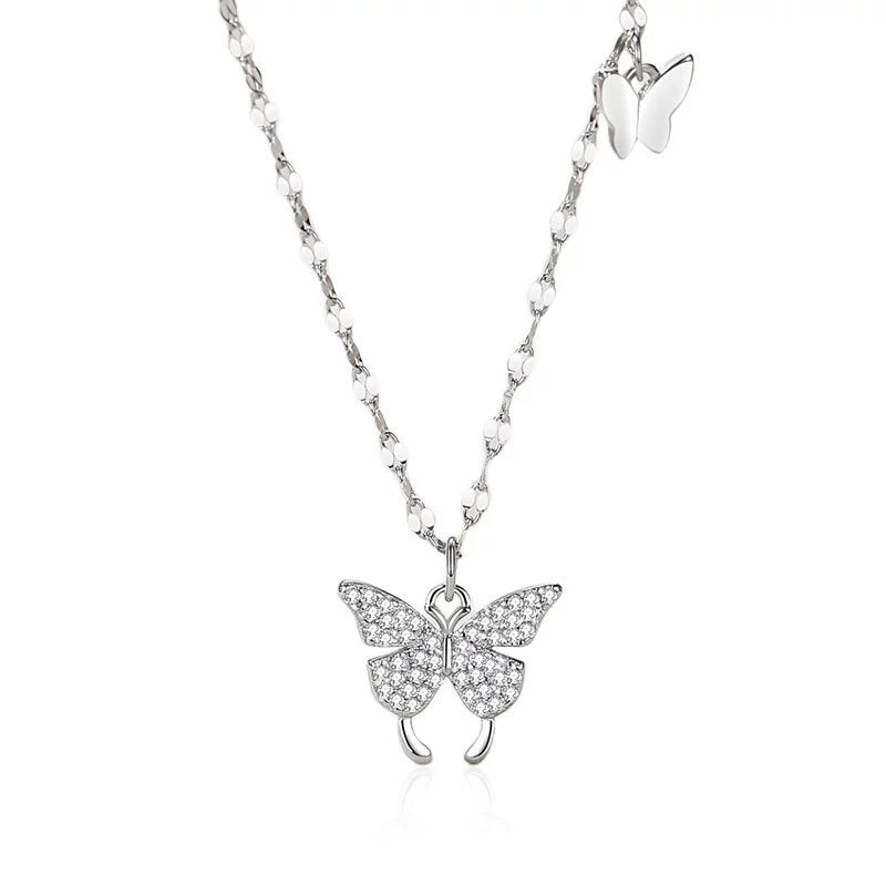 Sterling Silver Butterfly Zicron Pendant Necklace / KJ0251