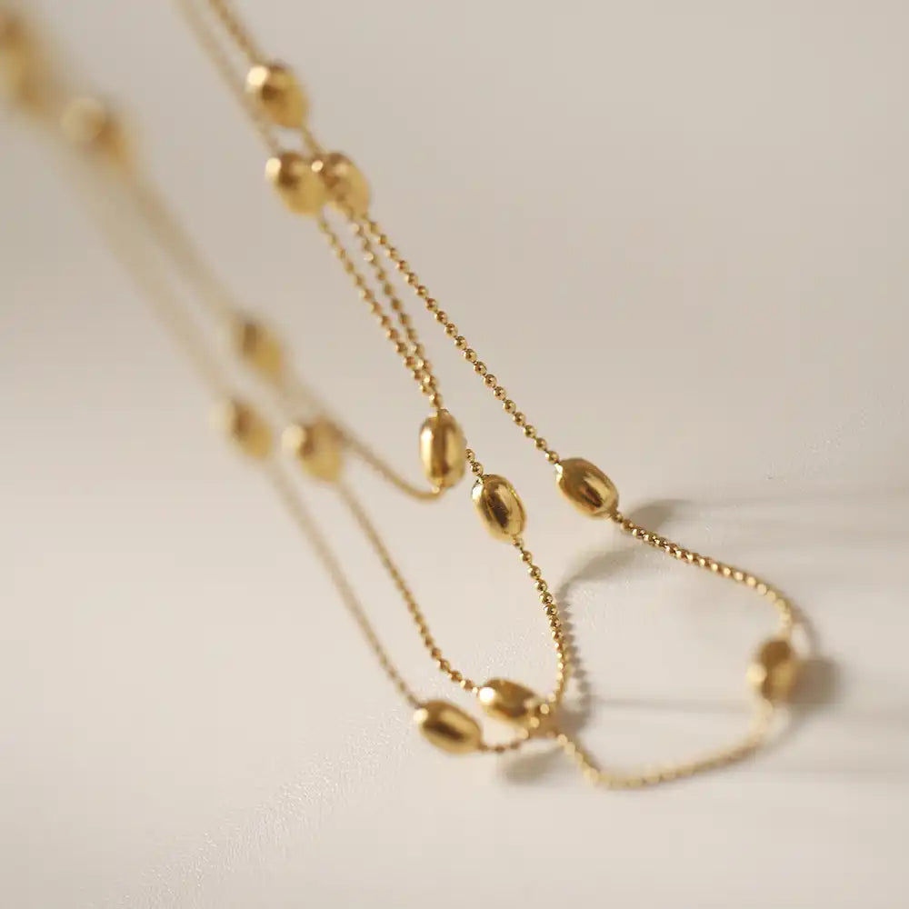 Titanium steel Golden oval rice beaded three - layer stacked necklace / 25004006