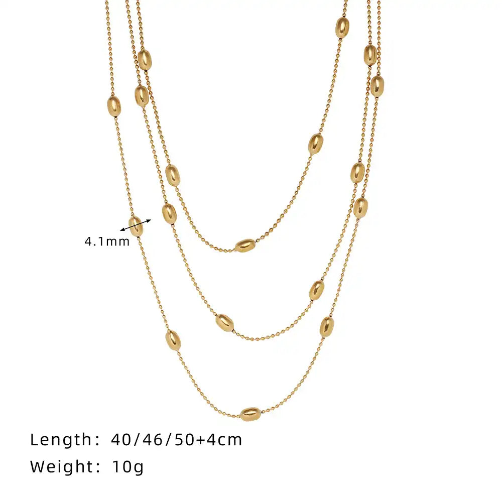 Titanium steel Golden oval rice beaded three - layer stacked necklace / 25004006