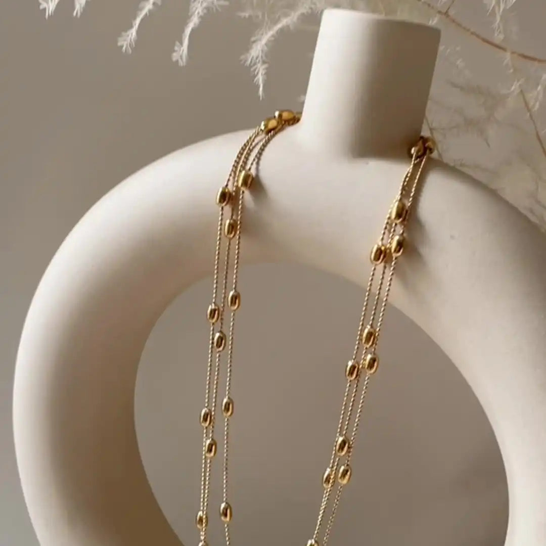 Titanium steel Golden oval rice beaded three - layer stacked necklace / 25004006
