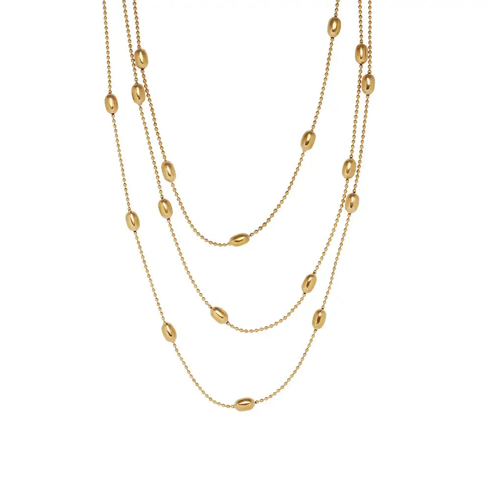 Titanium steel Golden oval rice beaded three - layer stacked necklace / 25004006