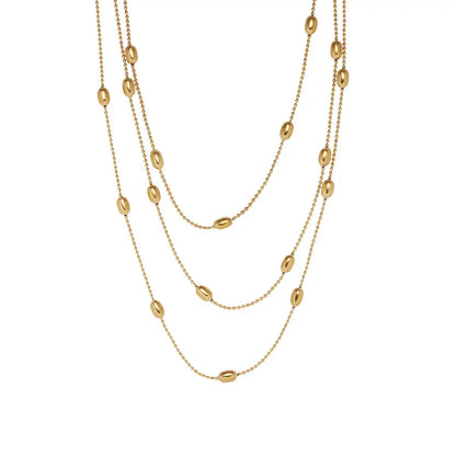 Titanium steel Golden oval rice beaded three - layer stacked necklace / 25004006
