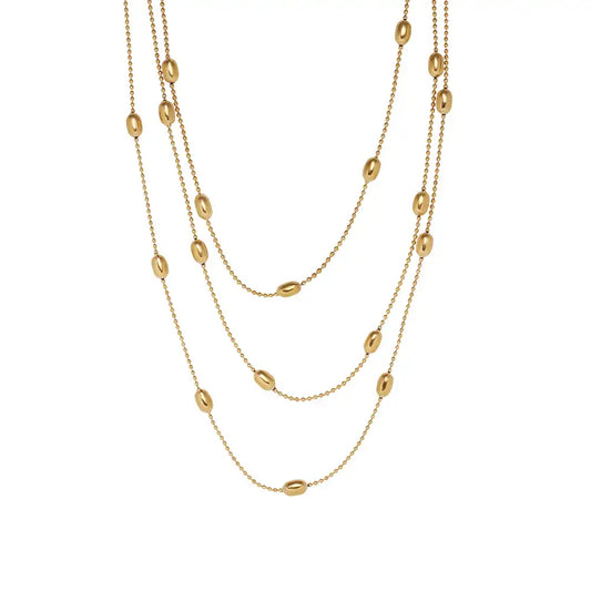 Titanium steel Golden oval rice beaded three - layer stacked necklace / 25004006
