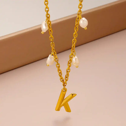 Titanium steel letter pendant Pearl Charm necklace / 25003052