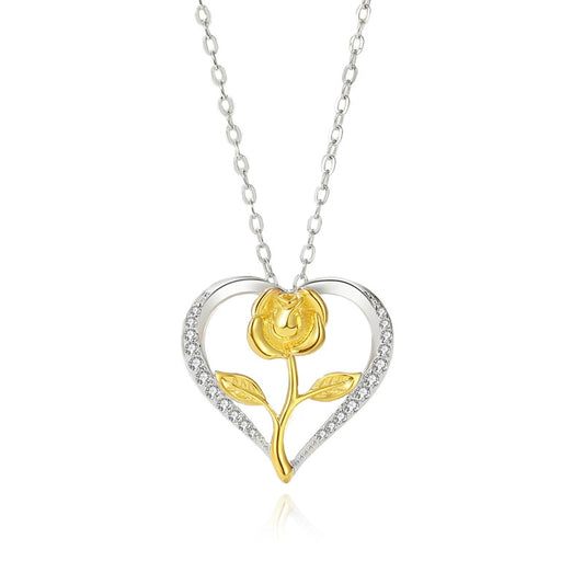 Sterling Silver Zicron Heart Rose Pendant Necklace / KJ0252